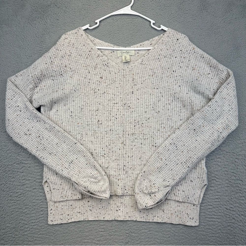 Jessica Simpson Knit Sweater Womens Large Gray Cropped V Neck Long Sleeve Preppy